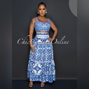 Obed White Blue Print Crop Top and Maxi Skirt